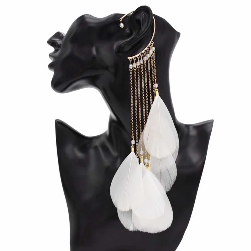 Long White Feathers Beaded Tassel Gold Ear Cuff